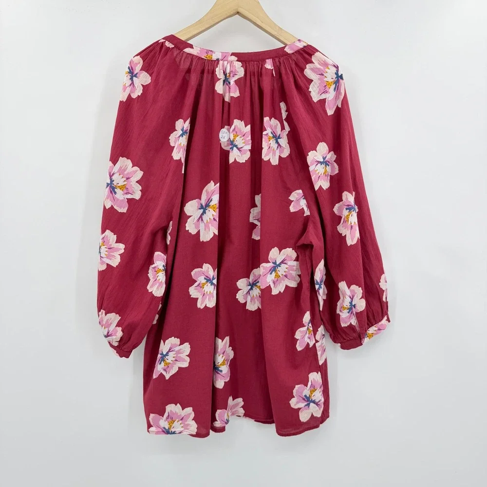 Old Navy Floral Casual Blouse Women 3X Plus Burgundy Red Boho Cotton Gauze